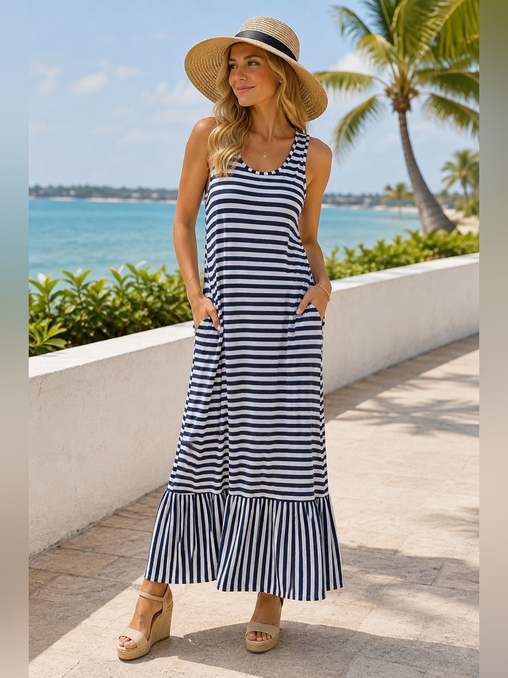 Tommy Bahama Navy and White Striped Maxi Dress